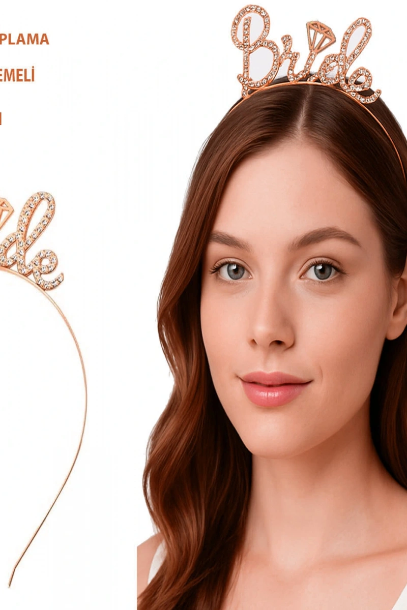 Rose Gold Renkli Taşlı “Bride” Gelin Tacı