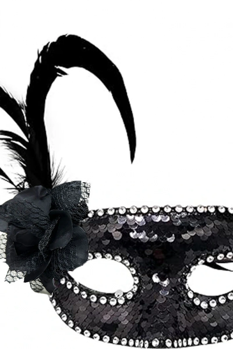 Siyah Yandan Tüylü Güllü Taşlı Pullu Maske