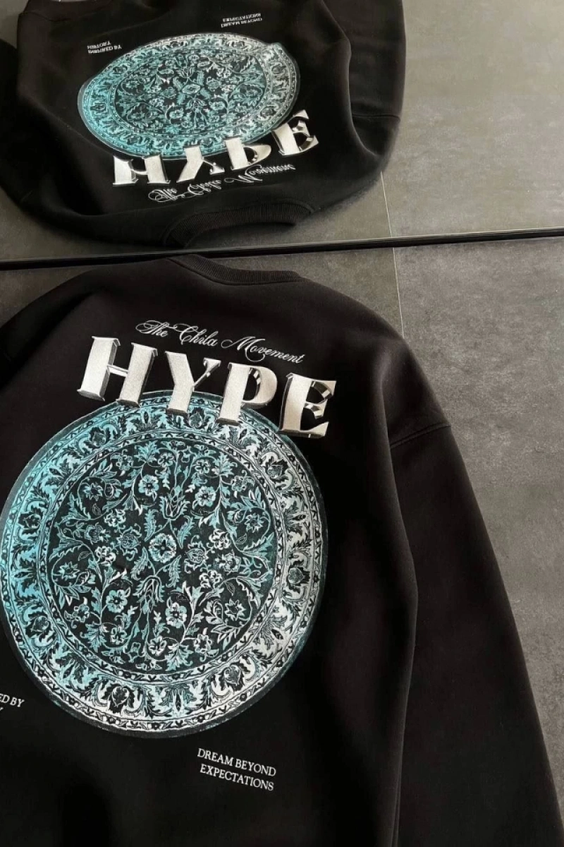 Üç İplik Bisiklet Yaka Baskılı SweatShirt - Siyah