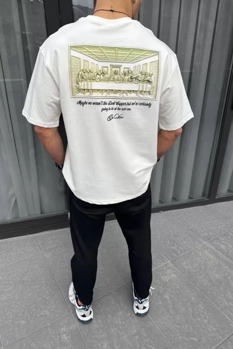 Unisex Baskılı Oversize T-Shirt - Beyaz