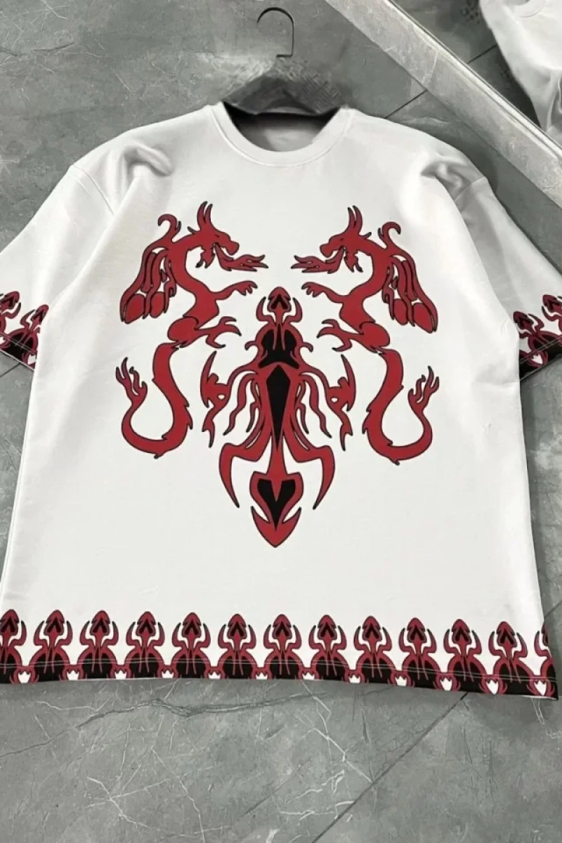 Unisex Bisiklet Yaka Baskılı Oversize T-Shirt - Beyaz