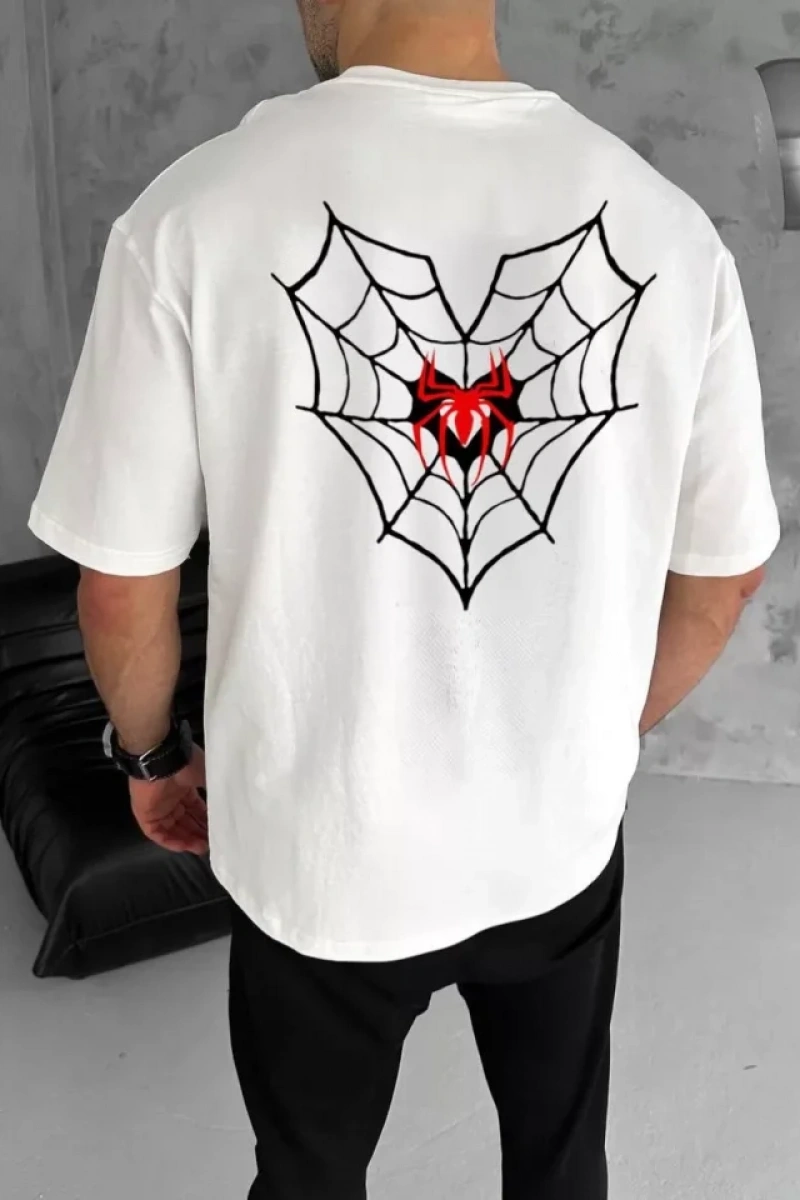 Unisex Bisiklet Yaka Baskılı Oversize T-Shirt - Beyaz