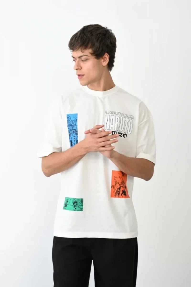 Unisex Bisiklet Yaka Baskılı Oversize T-Shirt - Beyaz