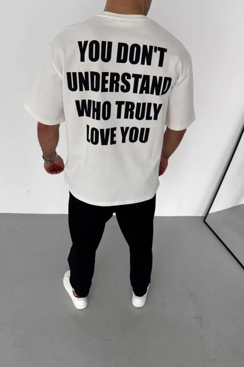 Unisex Bisiklet Yaka Baskılı Oversize T-Shirt - Beyaz