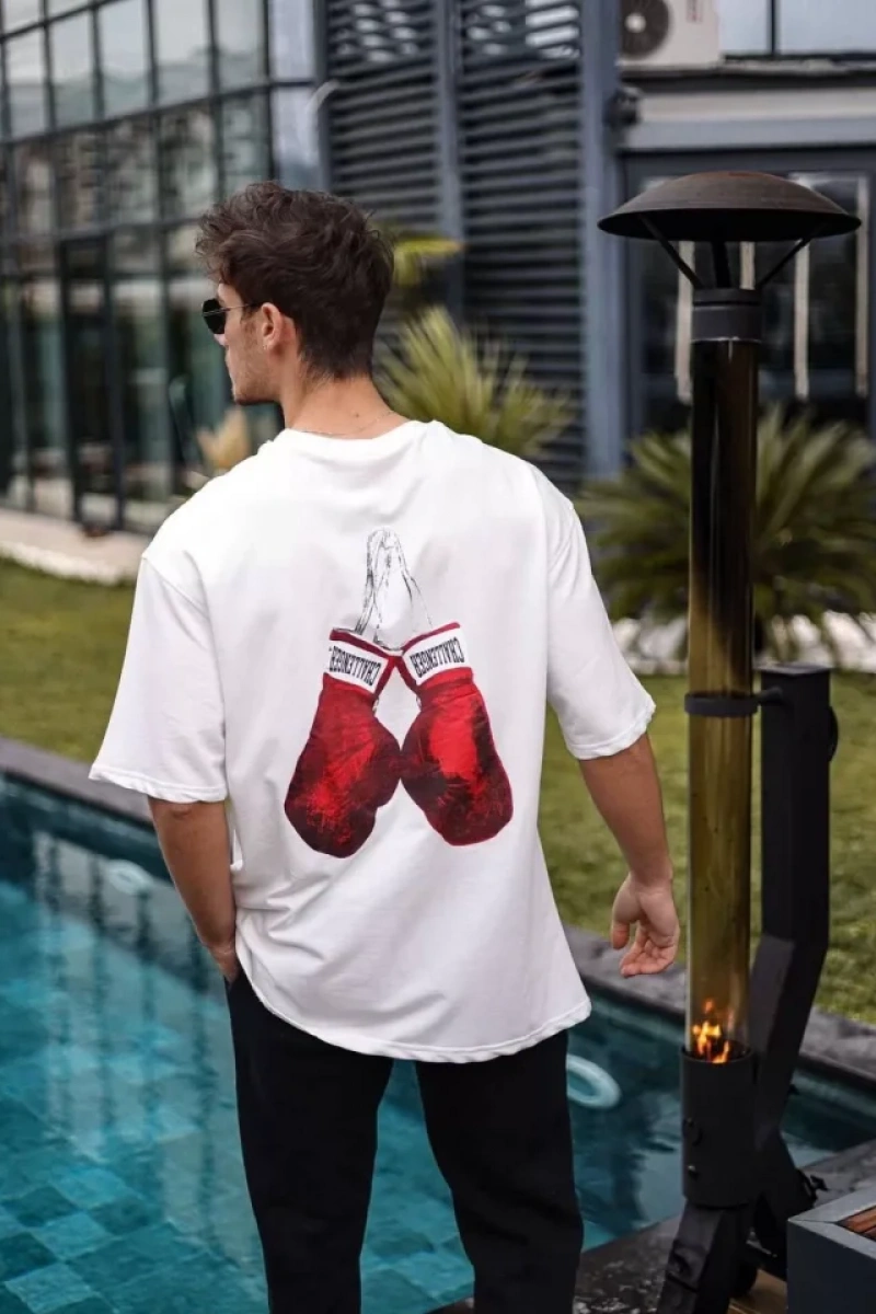 Unisex Bisiklet Yaka Baskılı Oversize T-Shirt - Beyaz