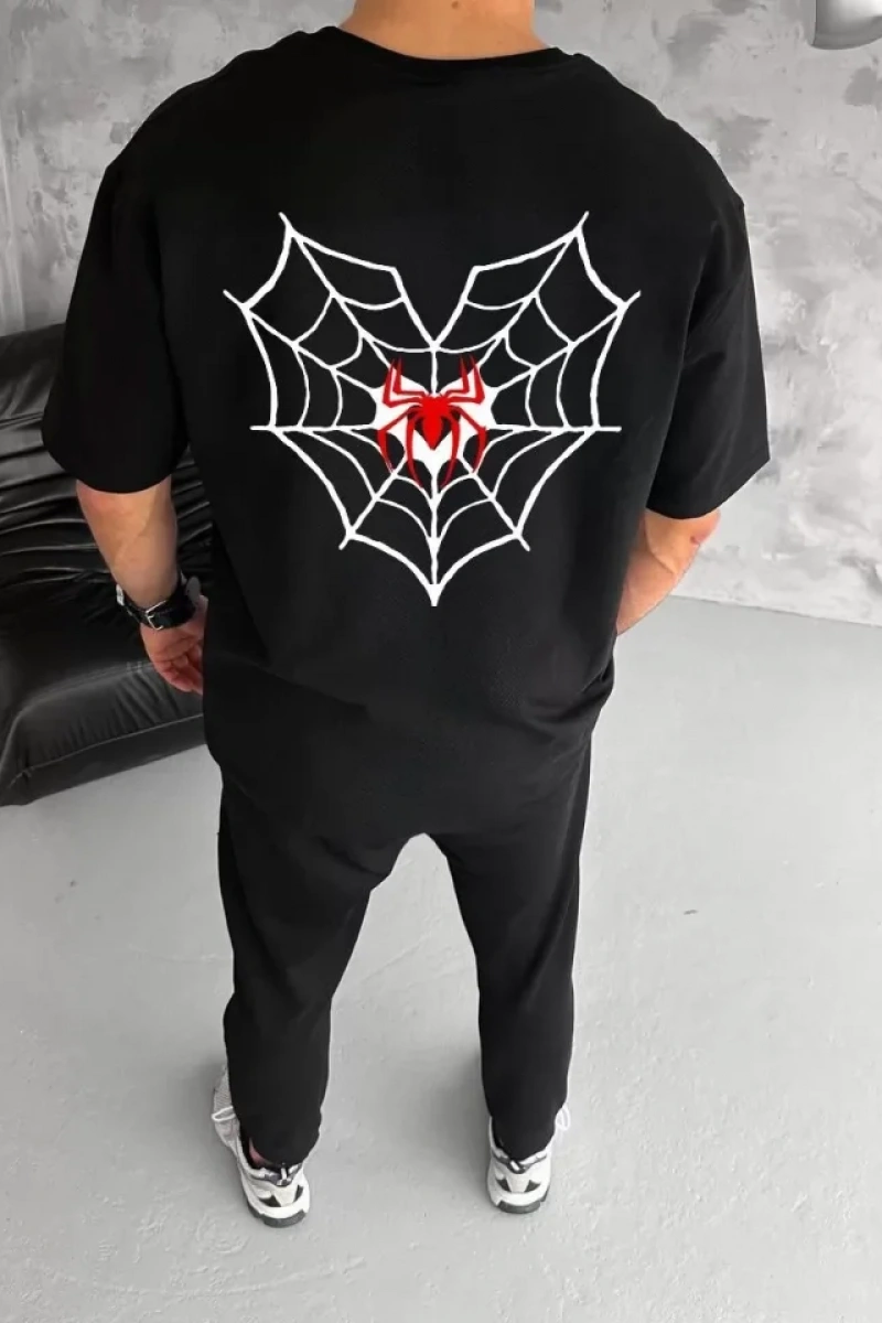 Unisex Bisiklet Yaka Baskılı Oversize T-Shirt - Siyah