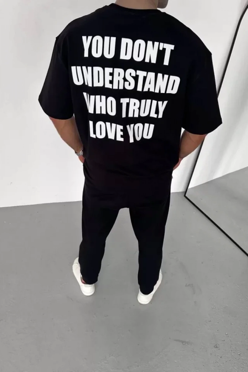 Unisex Bisiklet Yaka Baskılı Oversize T-Shirt - Siyah