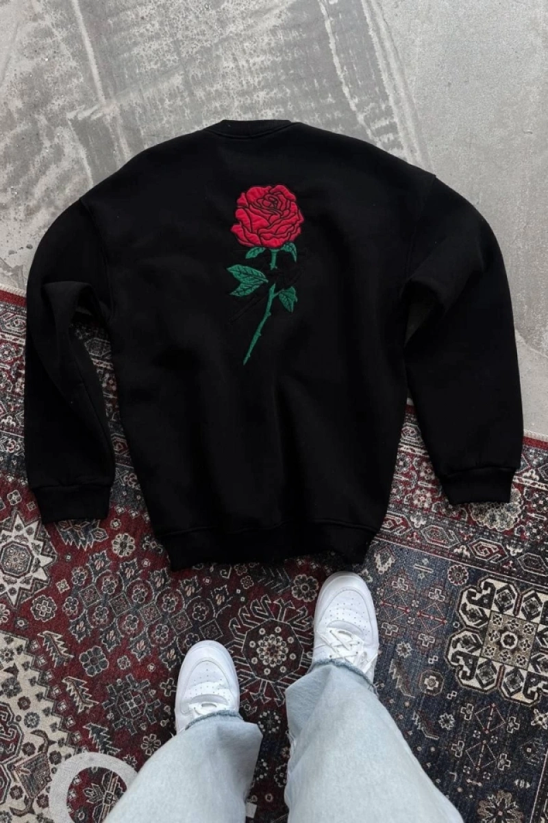 Unisex Bisiklet Yaka Ön Ve Arka Baskılı SweatShirt - Siyah