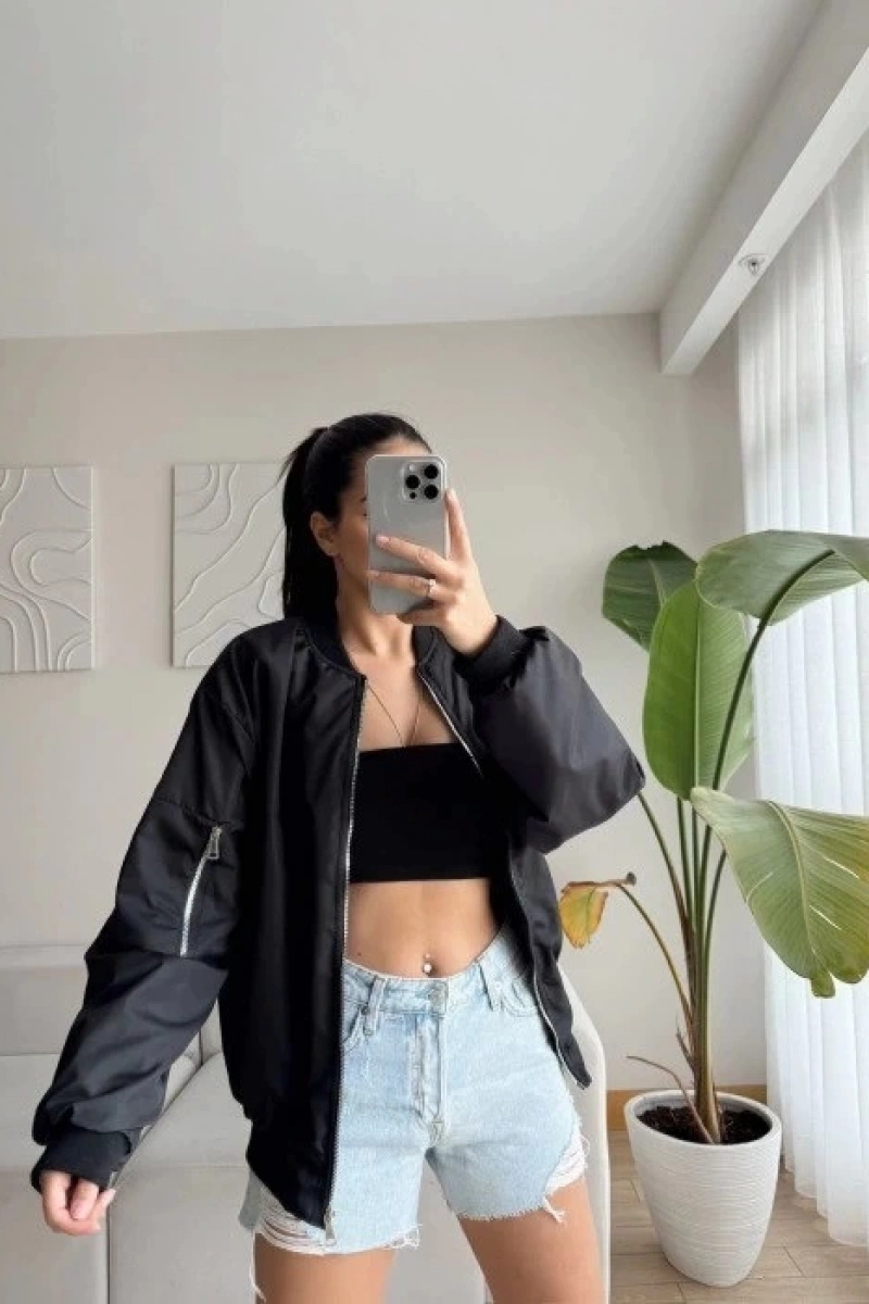 Unisex İçi Astarlı Düz Bomber Ceket - Siyah