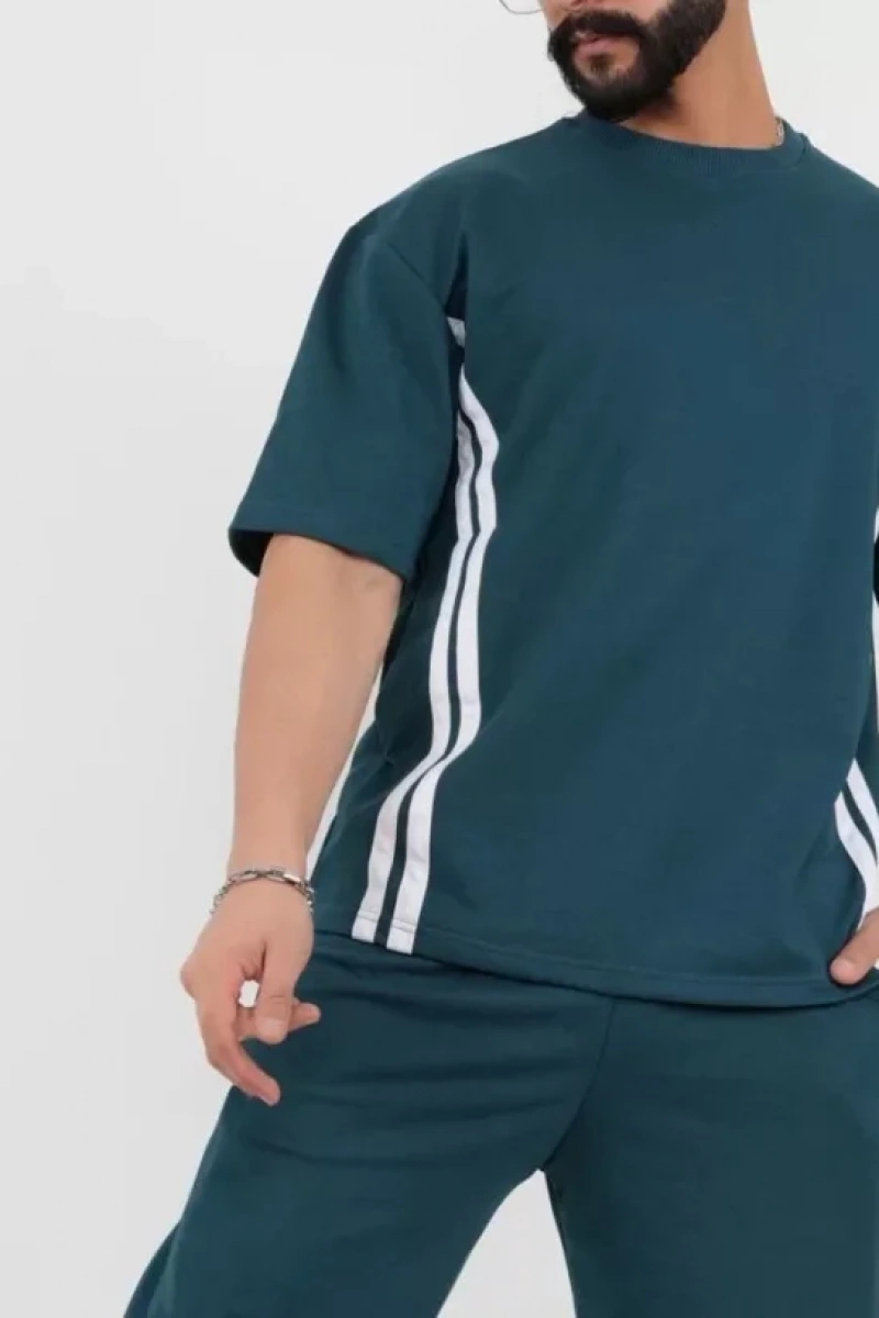 Unisex Oversize Yanları Şeritli T-Shirt - Cam Göbeği