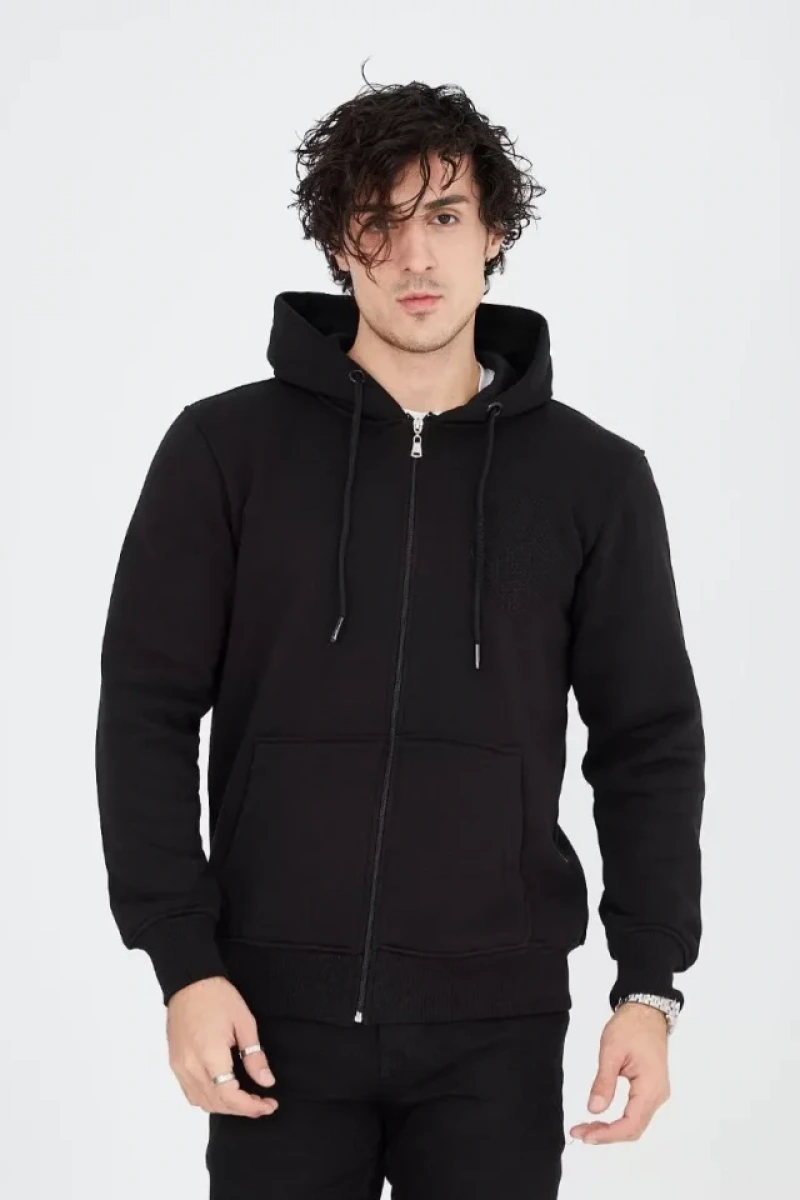 Unisex Tam Fermuarlı Kapşonlu  SweatShirt - Siyah