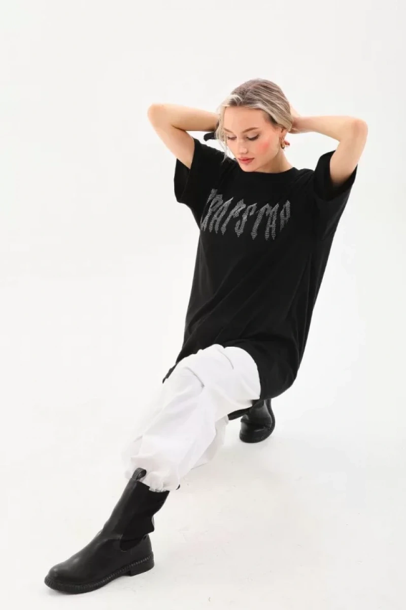 Unisex Taş Desenli Oversize T-Shirt - Siyah