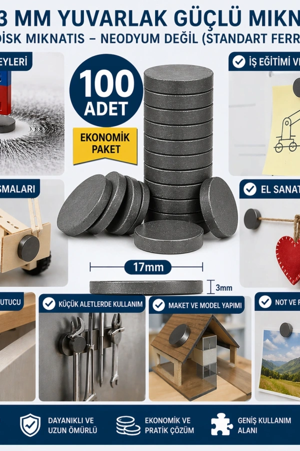 100 Adet Mıknatıs 17x3 mm Yuvarlak Güçlü Mıknatıs Disk Mıknatıs
