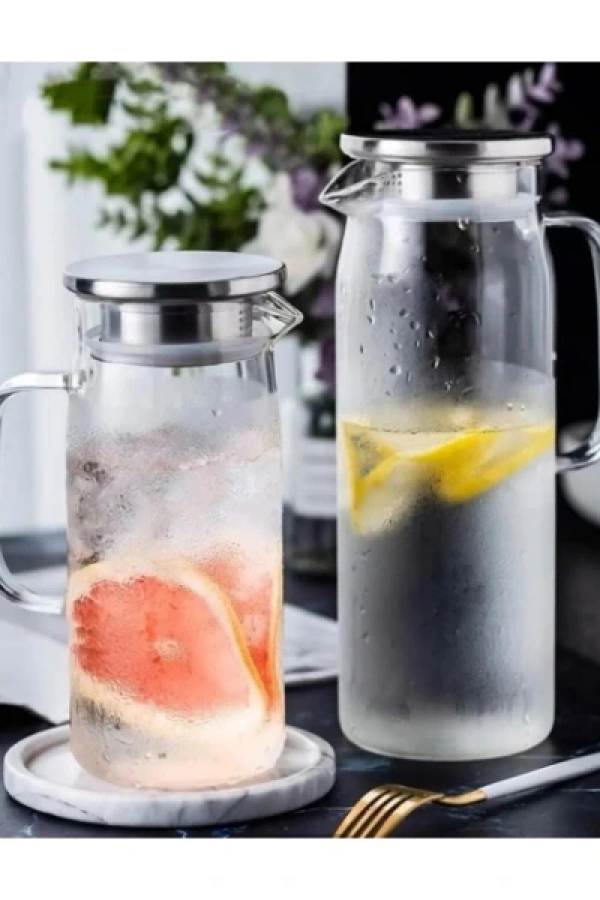 1500 ml Borosilikat Cam Su Sürahisi - Metal Kapaklı ve Isıya Dayanıklı