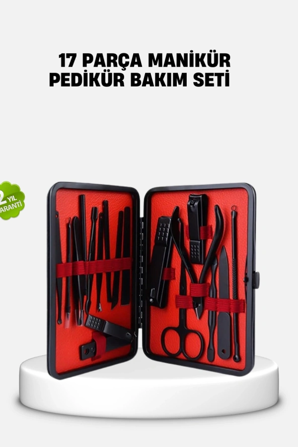 17 Parça Profesyonel Manikür Pedikür Seti Paslanmaz Çelik Siyah Kutu
