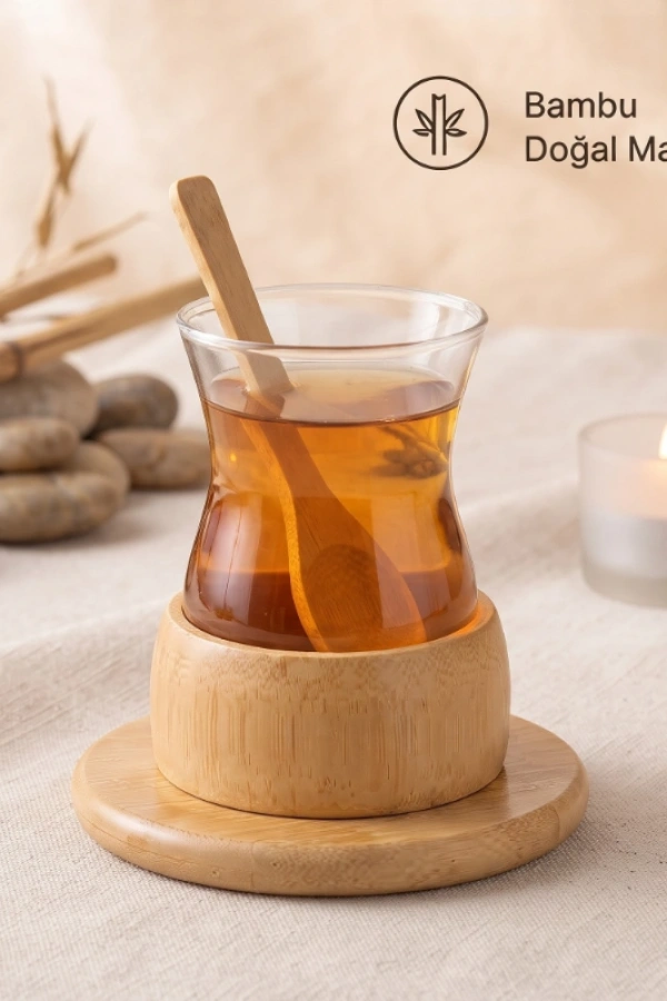 18 Parça Bambu Çay Seti - 6 Çay Bardağı - Borosilikat Cam