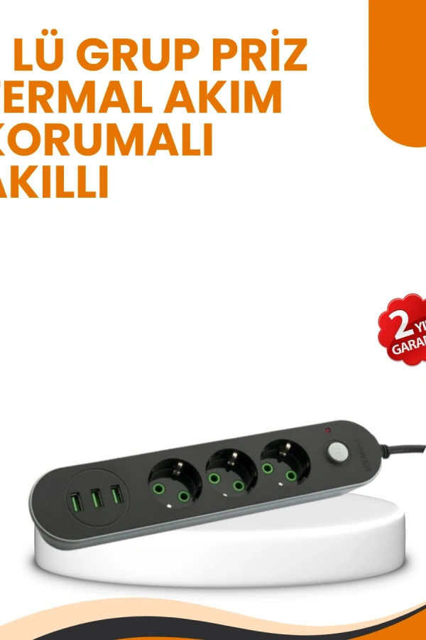 2 Metre Kablolu 3 USB Portlu Anahtarlı Üçlü Priz