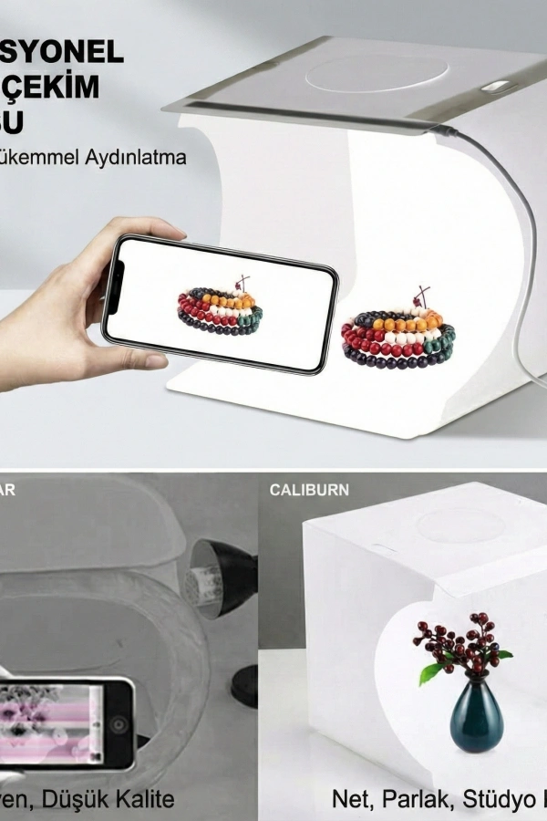 20 x 20 CM Profesyonel Stüdyo Led Işıklı Çift Sıra Ürün Fotoğraf Çekim Çadırı