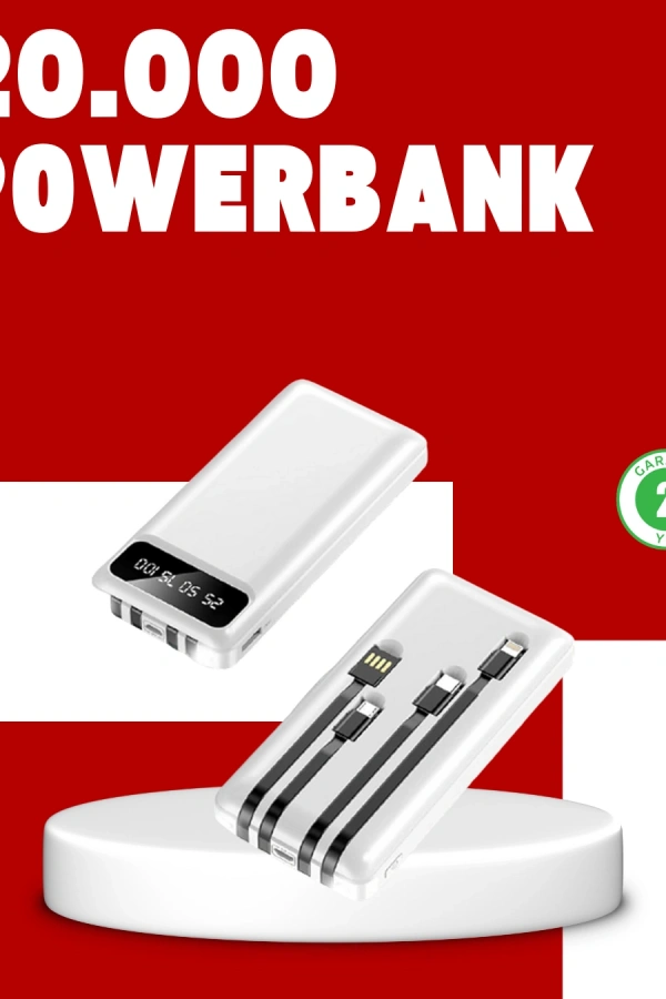 20.000mAh PD Powerbank LED Işık LCD Ekran Dahili Kablo Çoklu Giriş