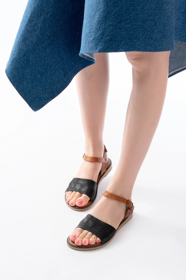 205-012 Siyah Ortopedik Hakiki Deri Kadın Sandalet