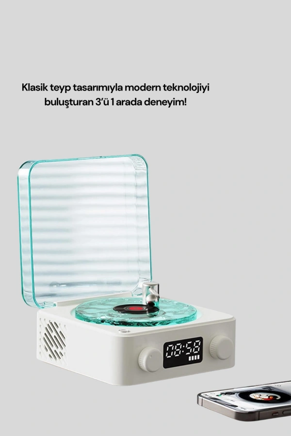3-1 Kablosuz Bluetooth Hoparlör – Gece Lambalı, Saatli, Retro Tasarım