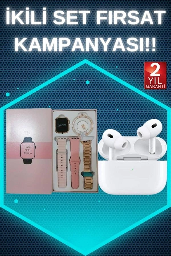 3 Kordonlu Pembe Amoled Ekran Akıllı Saat ve Yeni Nesil Pro Kablosuz Bluetooth Kulaklık ANC/ENC