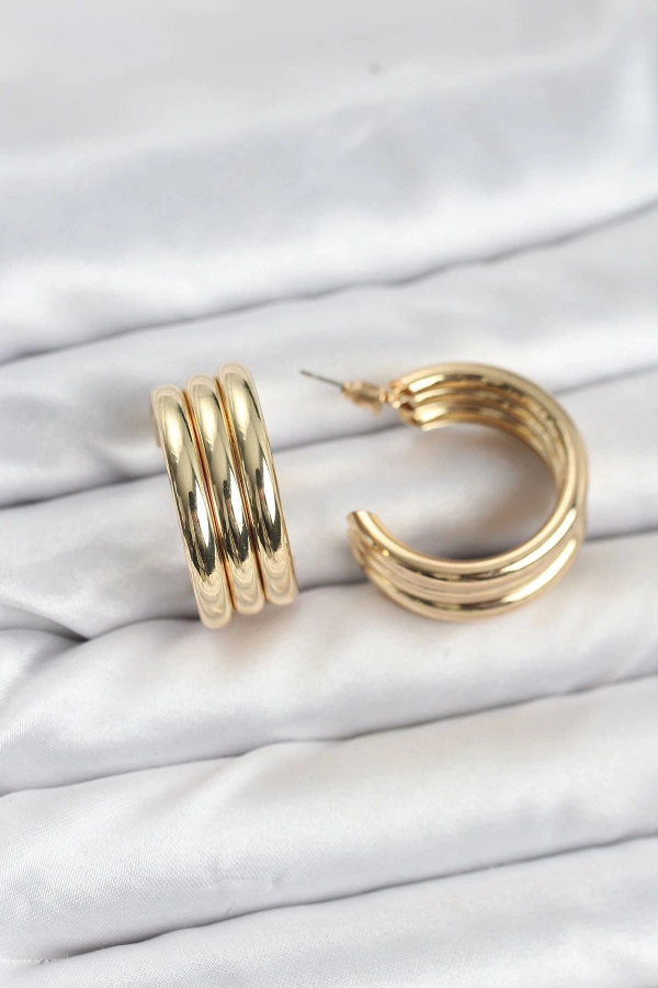 3lü Görünüm 316L Çelik Gold Renk Kadın Küpe