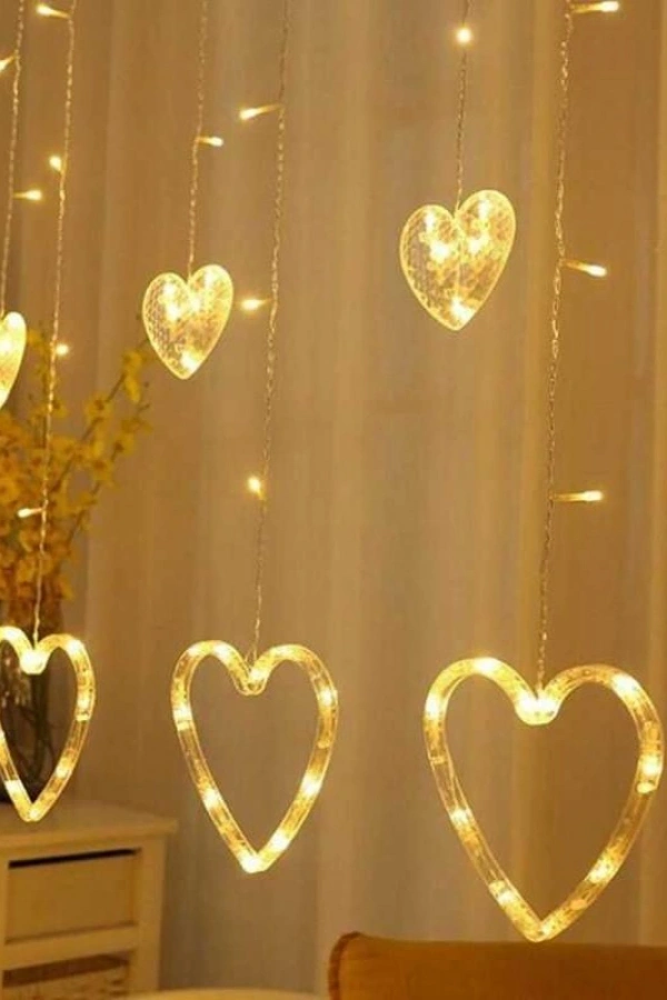3 Metre 8 Modlu Kalp Perde LED Işık - Sarı (Sıcak Beyaz) Işık Dekoratif Işıklandırma Oda Dekoru
