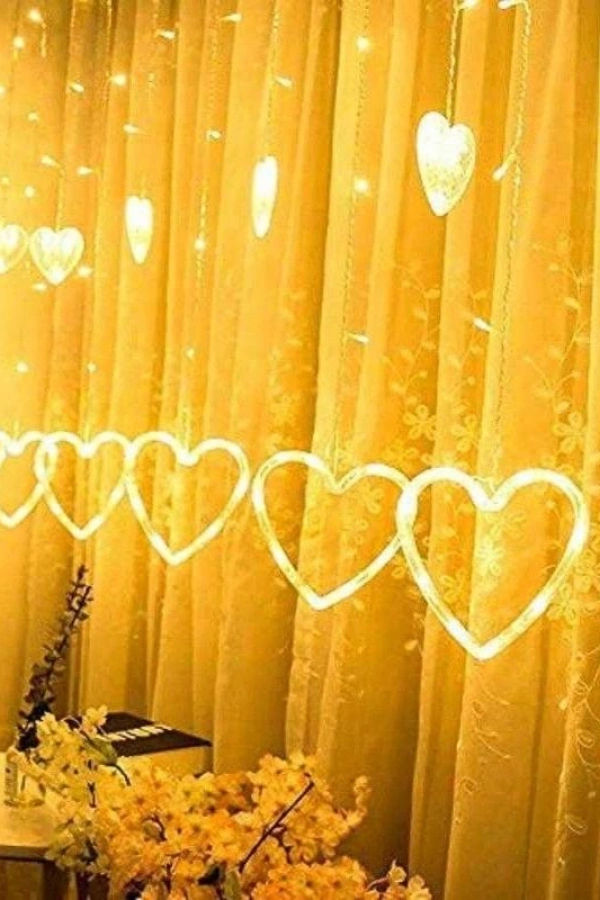 3 Metre 8 Modlu Kalp Perde LED Işık - Sarı (Sıcak Beyaz) Işık Dekoratif Işıklandırma Oda Dekoru