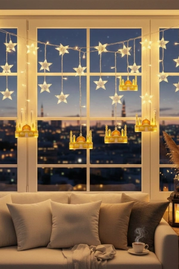 3 mt Fişli Sarı Cami Yıldız Ramazan Perde LED