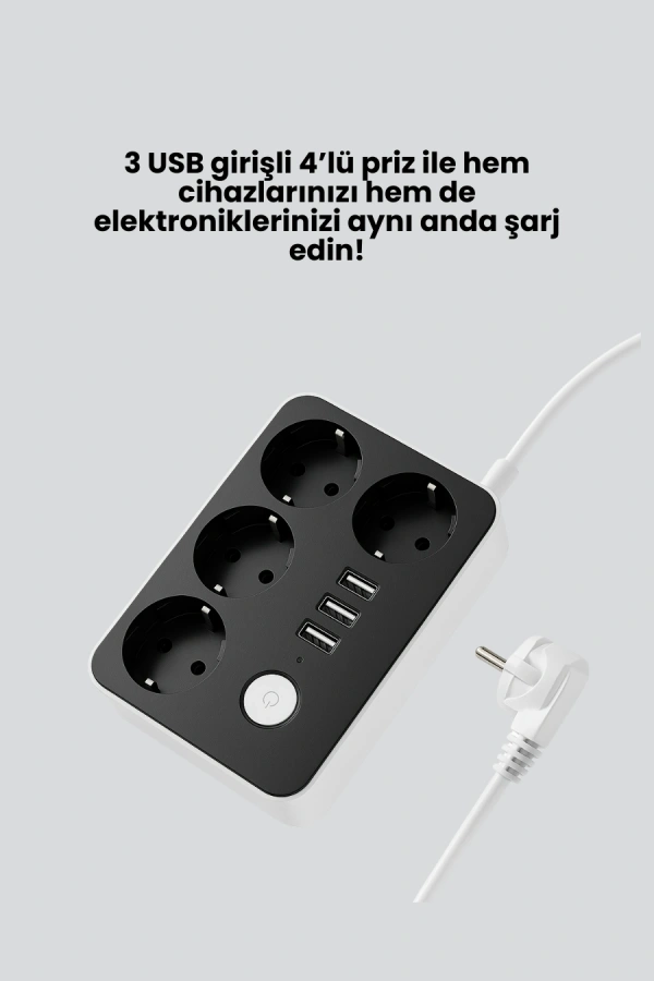 3 USB Çıkışlı 4’lü Akıllı Priz 2500W 2 Metre Kablo