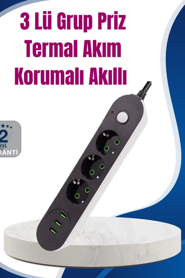 3 USB Çıkışlı Hızlı Şarjlı Anahtarlı Üçlü Priz