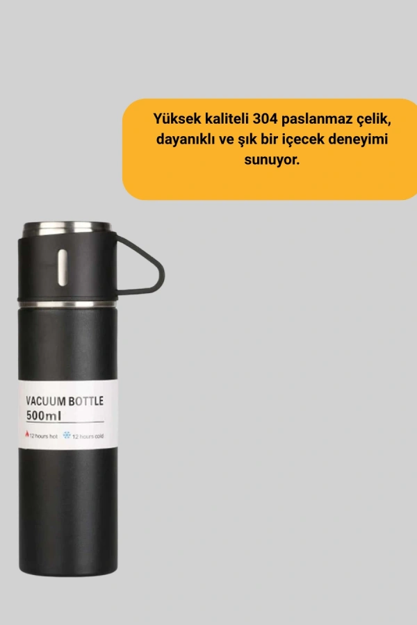 304 Çelik Termos Seti | 2 Bardaklı, 500 ml, Uzun Süre Isı Koruma
