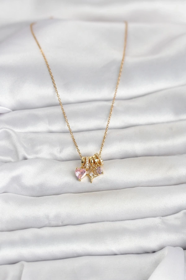 316L Çelik Gold Pembe Zirkon Taşlı Charmlı Kadın Kolye