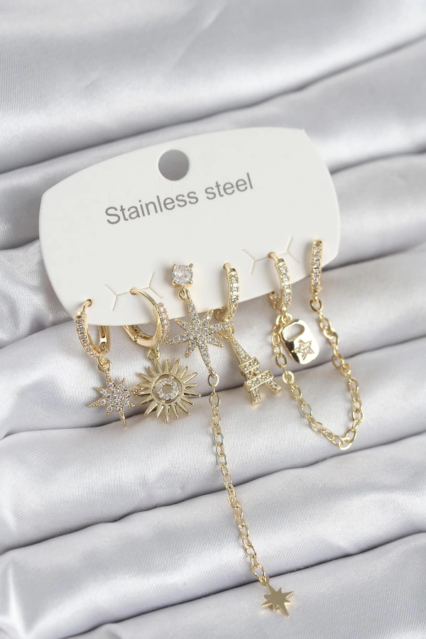 316L Çelik Gold Renk 6lı Set Charmlı Kadın Küpe