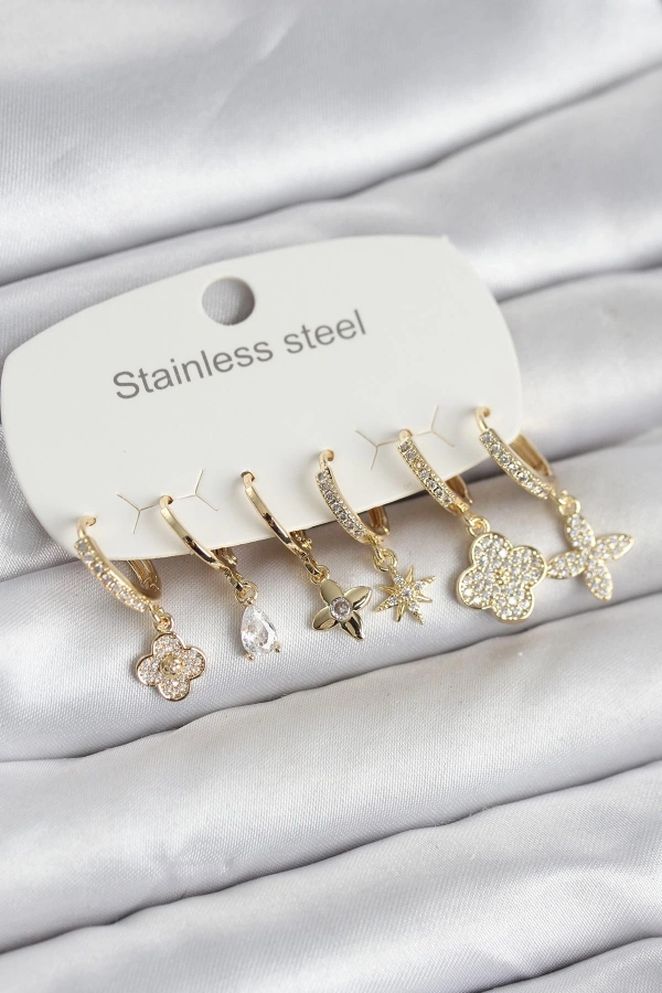 316L Çelik Gold Renk 6lı Set Yonca Model Kadın Küpe
