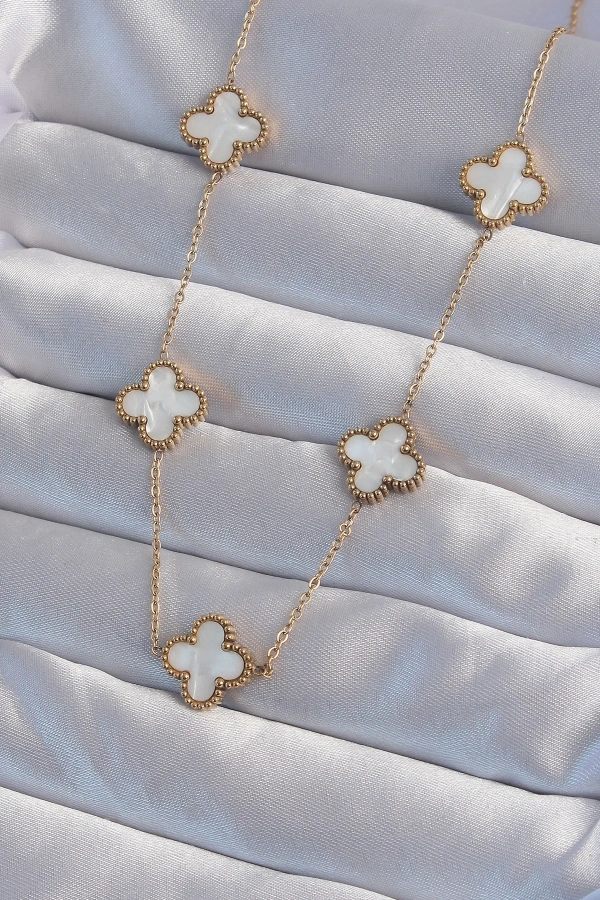 316L Çelik Gold Renk Beyaz Sedefli Yonca Kolye