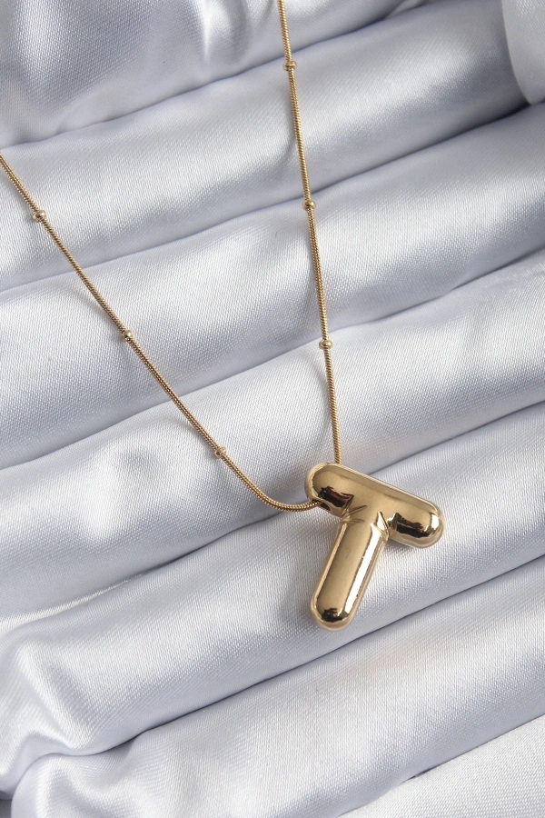 316L Çelik Gold Renk Bubble T Harf Model Kadın Kolye