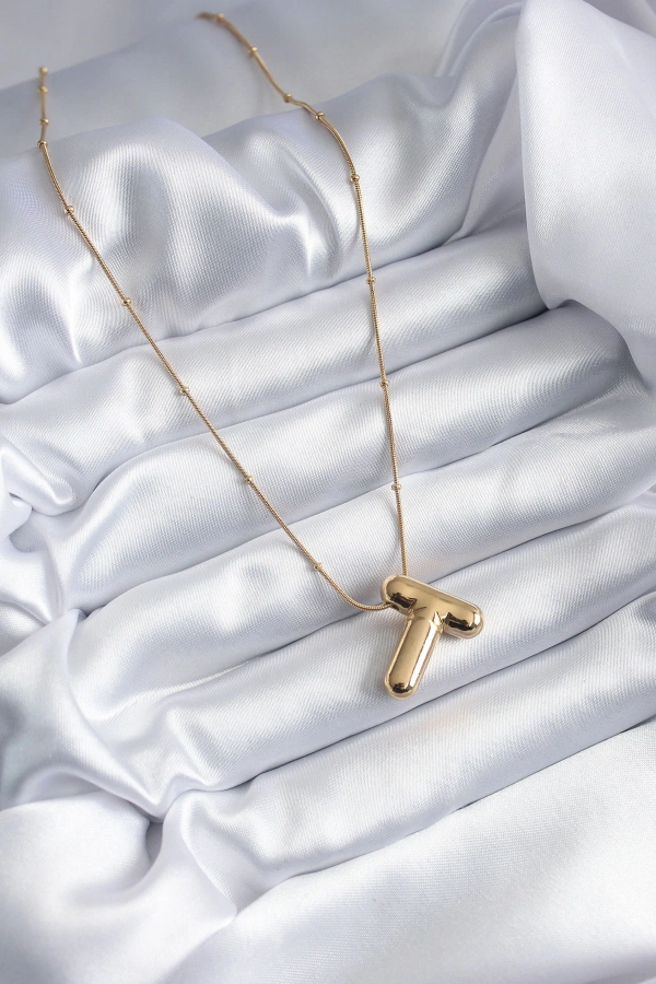 316L Çelik Gold Renk Bubble T Harf Model Kadın Kolye