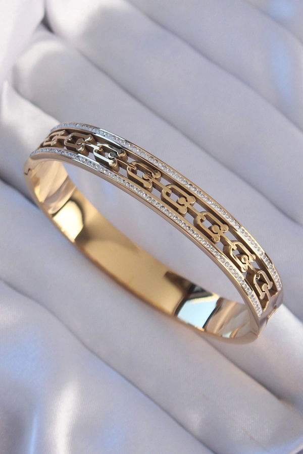 316L Çelik Gold Renk Zirkon Taşlı Model Kelepçe