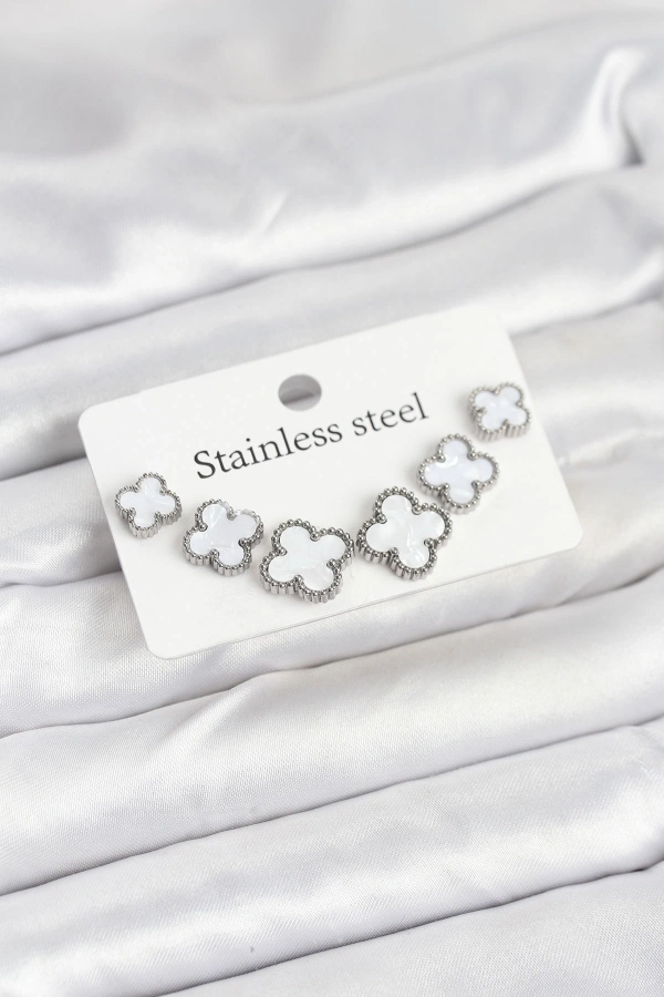 316L Çelik Gümüş Beyaz Renk 3 Boy Yonca Küpe Seti