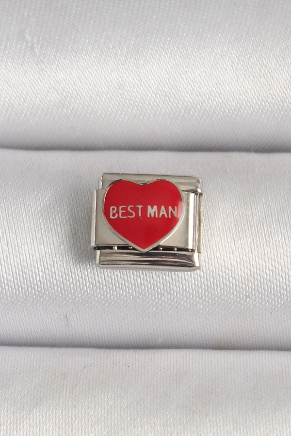 316L Çelik Gümüş Renk Best Man Yazılı Kırmızı Kalp İşlemeli Nomination Charm