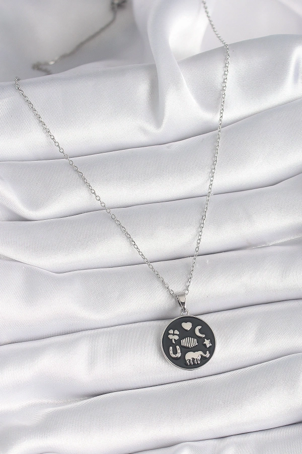 316L Çelik Gümüş Renk Siyah Renk Şans Kolyesi