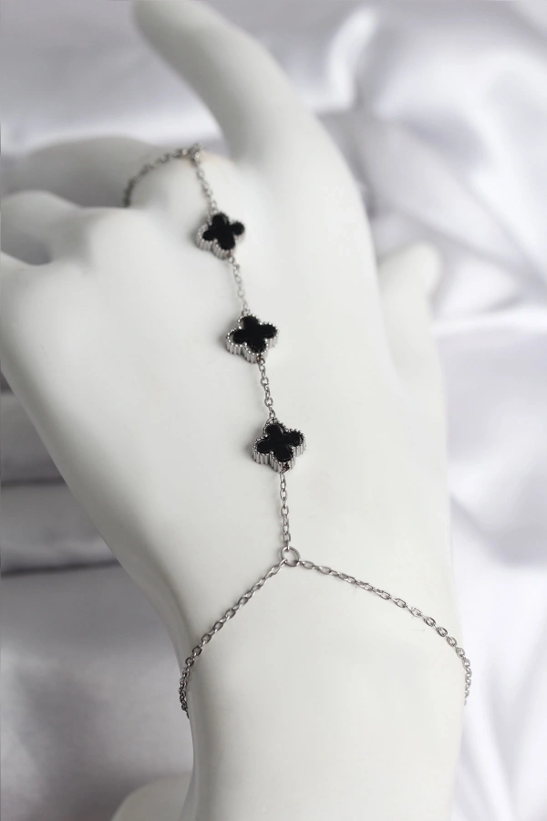 316L Çelik Gümüş Renk Siyah Yonca Model Kadın Şahmeran