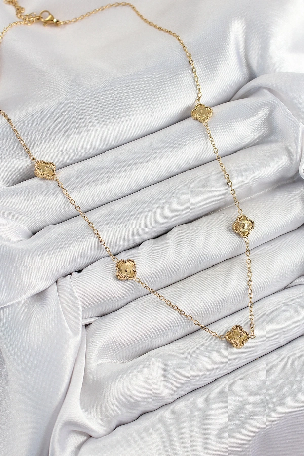 316L Çelik Yonca Model Gold Renk Kadın Kolye