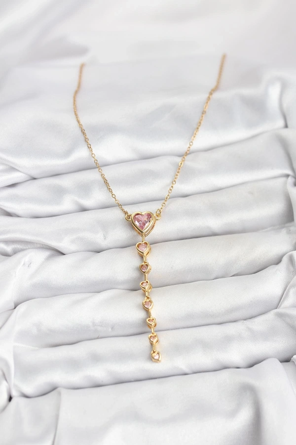 316L Çelik Zincir Gold Renk Pembe Kalp Kadın Kolye