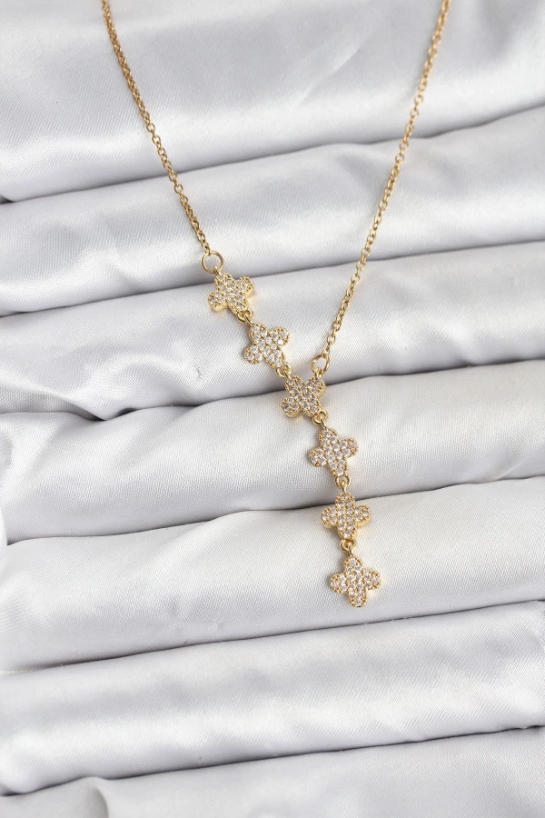 316L Çelik Zincir Gold Renk Yonca Model Kadın Kolye