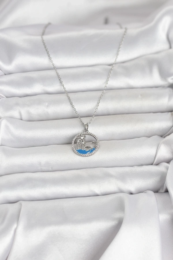 316L Çelik Zincir Gümüş Renk Zirkon Taşlı Deniz Temalı Kadın Kolye