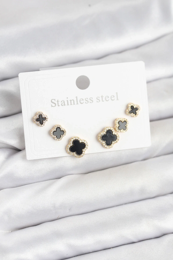 316L Çelik Zirkon Taşlı Yonca Model Kadın Küpe Seti