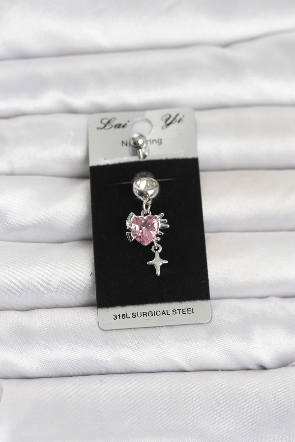316L Cerrahi Çelik Pembe Zirkon Taşlı Model Göbek Piercing